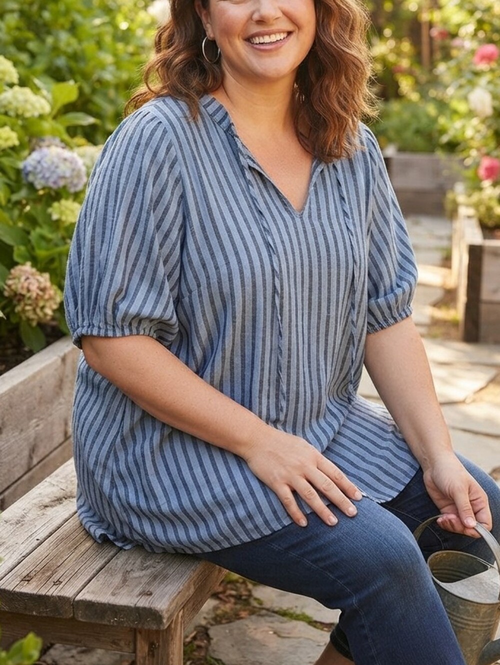 Torrid Blue Striped Linen Blend V-Neck Tunic Blouse Plus Size 3X